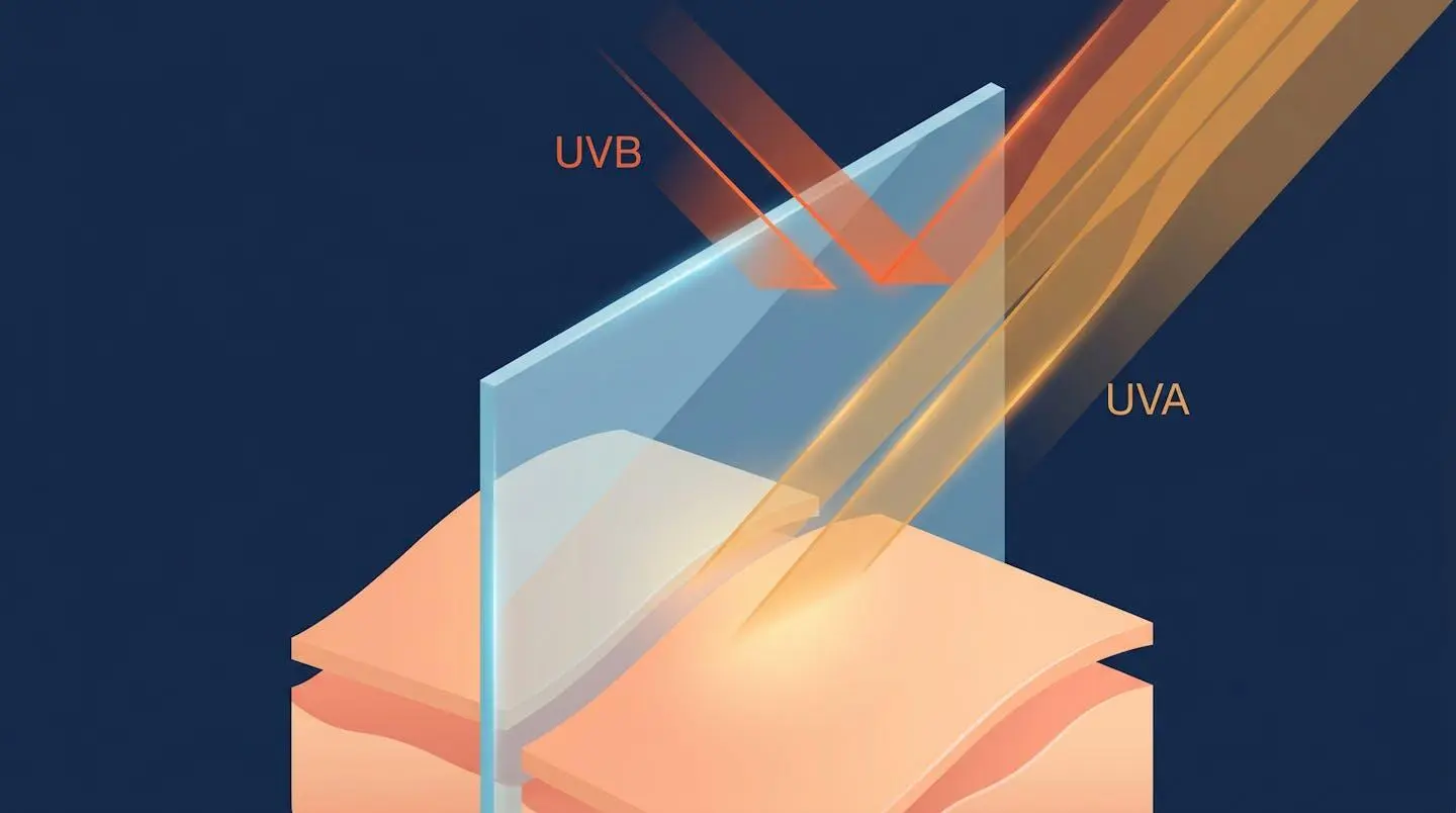3D diagram showing orange UVB rays blocked by blue translucent barrier while golden UVA rays pass through toward layered skin structure below