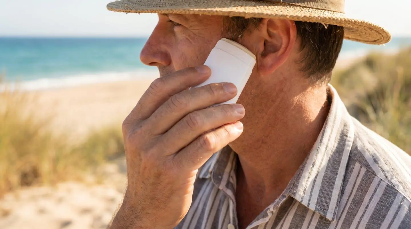 Gros plan sur l'application d'un stick solaire sur le nez et les oreilles d'une personne à la plage